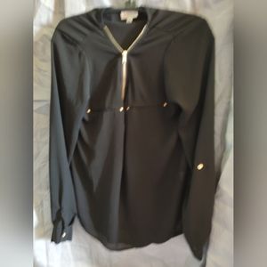 GUESS Black Long Sleeve Sheer Blouse Med Gold Zip